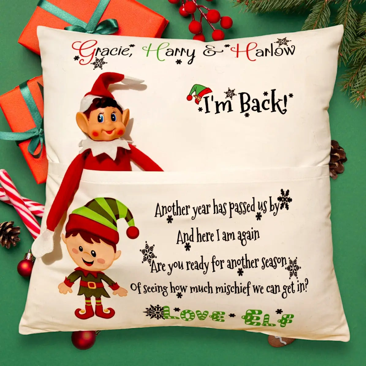 Personalised Christmas Elf Cushion Cover 40x40cm